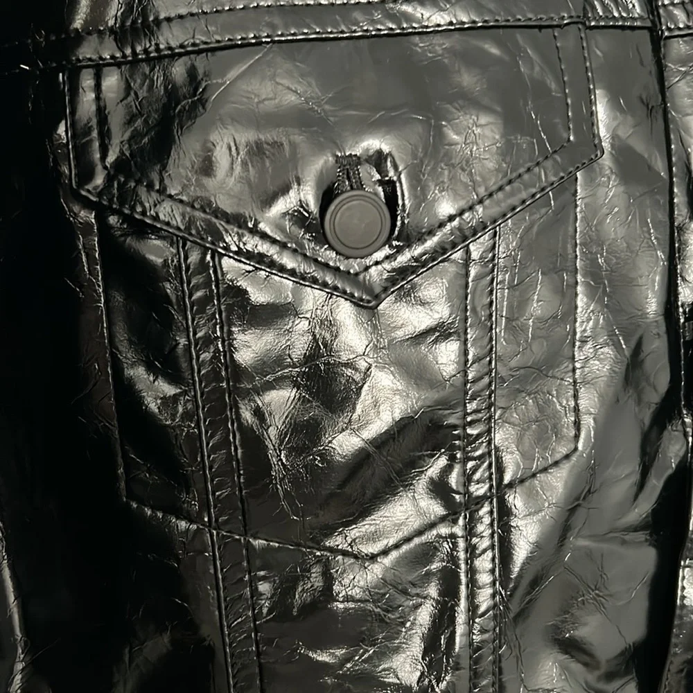 NWT Good American patent vegan leather Trucker jacket. Black, women’s small.